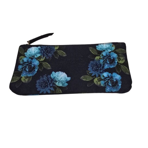 J.Jill Dark Navy Blue Rose Hydrangea Floral Print Canvas Fabric Pouch Wristlet‎ - Picture 1 of 3